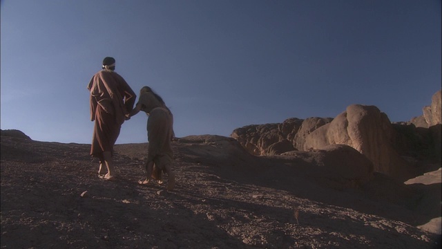 亚当和夏娃手牵着手艰难地爬上一座沙漠小山。视频素材