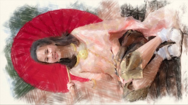 油画，亚洲游客年轻女子在老佛寺，泰国大城府视频下载