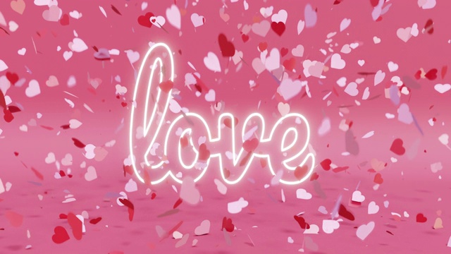 爆炸的心形糖果顆粒和愛的霓虹燈禮盒。情人節賀卡動畫。粉紅色和紅色。浪漫的視頻購買