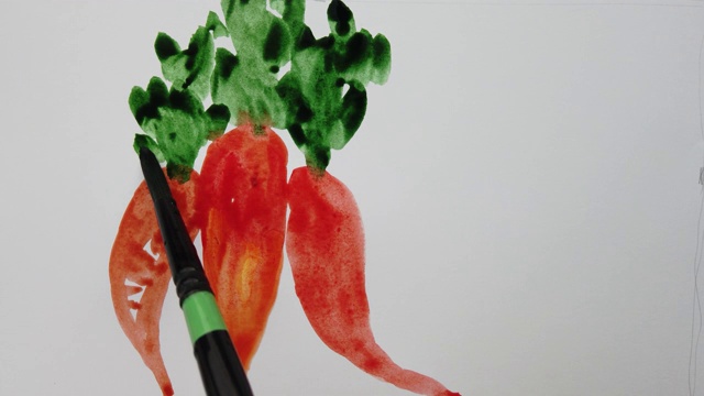 用水彩颜料在纸上作画。画的胡萝卜。视频下载