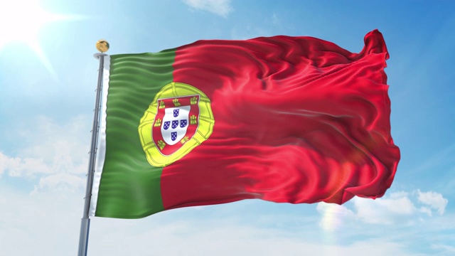 葡萄牙国旗在深蓝色的天空中迎风飘扬。国家主题，国际理念。3D渲染无缝循环4K视频素材