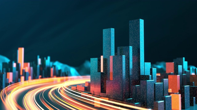 光条纹城市景观-城市天际线，数据流，物联网，建筑模型，交通和运输视频购买