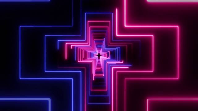 美丽的黑色背景隧道的霓虹十字标志视频素材