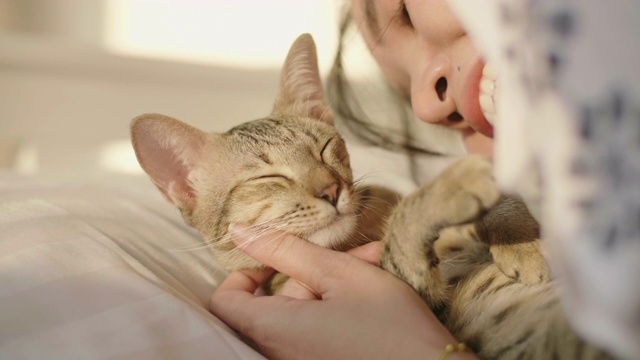 一个女人在卧室白色的床上拥抱和亲吻她的宠物小猫的肖像。视频下载