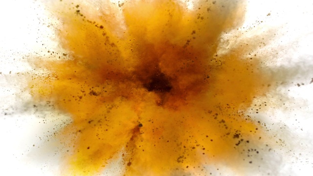 秋色的黄色粉末在近距离和超慢镜头中爆炸，白色背景视频素材