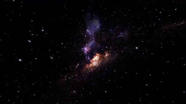 在深外太空中，照相机飞过紫色的星云星座和星场。视频下载