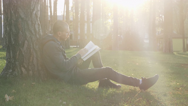 日落时分，年轻英俊的男子坐在公园的草地上看书。夕阳西下，一个人在公园里看书休息。快乐的人和生活方式的概念视频素材