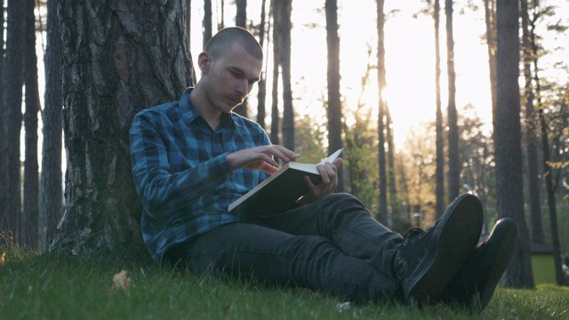 男同学坐在公园的草地上，在美丽的夕阳下看书。年轻的学生在公园学习，阅读文学和欣赏日落的肖像。幸福的人的概念视频素材