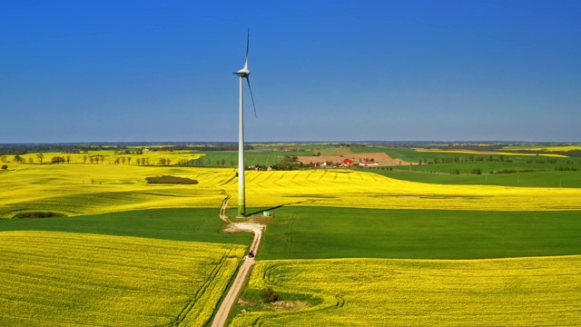 风力发电机，油菜田，春天的蓝天视频素材