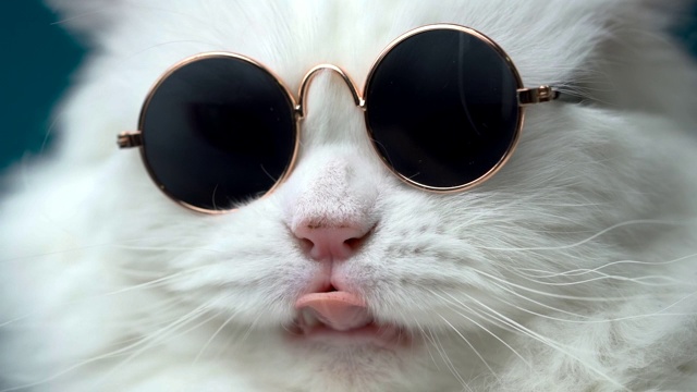 高地直毛绒绒的猫的肖像与长头发和圆形太阳镜。时尚，风格，酷的动物概念。工作室的片段。蓝色背景上的白色小猫。视频下载