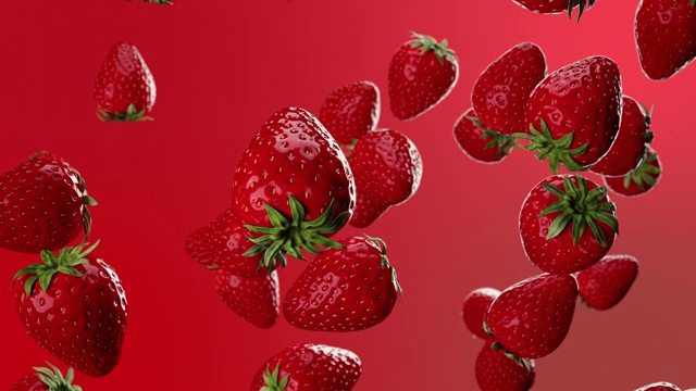 红草莓从上面掉下来。3 d动画。有选择性的重点。4 k视频下载