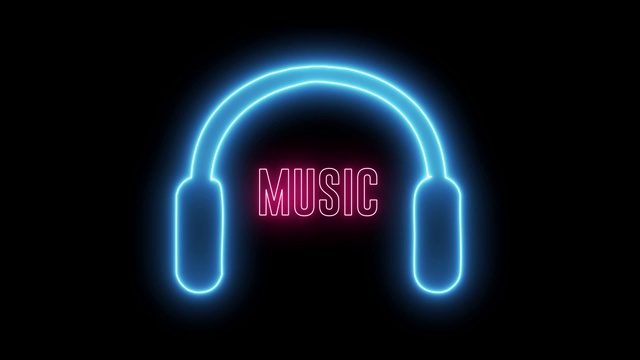 霓虹耳机和文字“音乐”。彩色设计的dj，耳机和音频与闪亮的灯光。视频下载