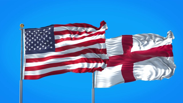 英国和美国的国旗一起在深蓝色的天空中飘扬。高清3D渲染。视频素材