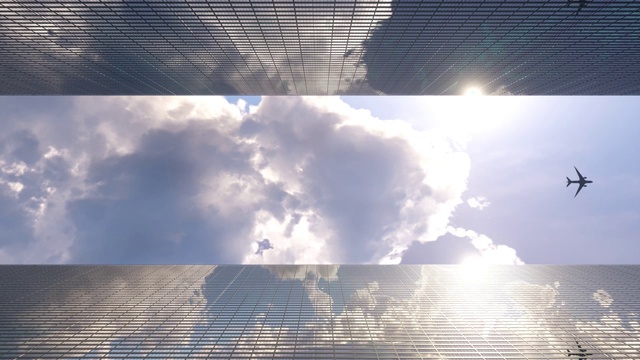 飞机在美丽的蓝天下飞过摩天大楼，4k视频素材