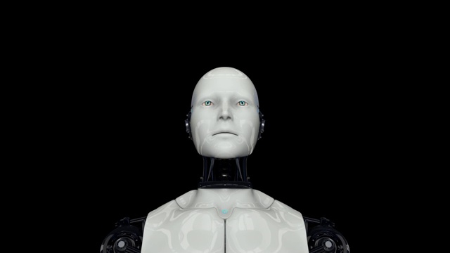 一个活跃的人形机器人在黑色背景上。人工智能。摄像机靠近机器人。4 k。3 d动画。视频下载