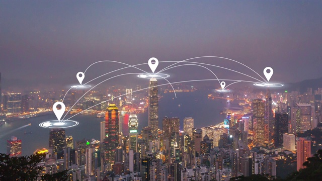 时间流逝:香港鸟瞰图与未来科技网络连接的概念。视频素材