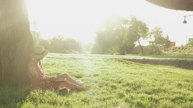 褐发女人戴着草帽，穿着红衣服在公园里看日落。可爱的女孩在公园里学习和阅读文学。迷人的女性坐在草地上，倚靠在公园的大树视频素材