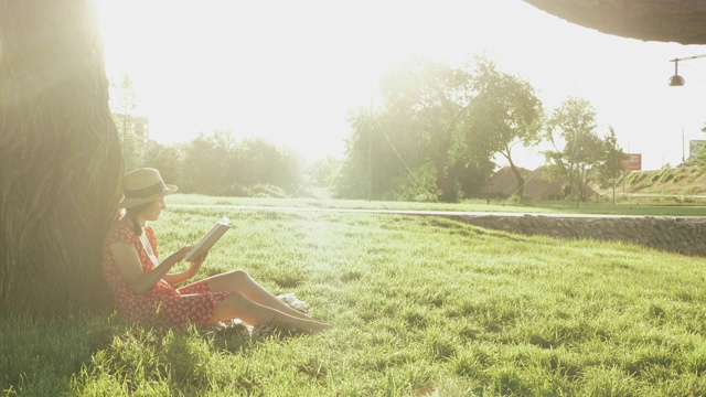 戴草帽的迷人女子在公园里看日落。在阳光明媚、温暖的天气里，一位女士倚着一棵大树坐在草地上。女学生在公园里放松和看书视频素材