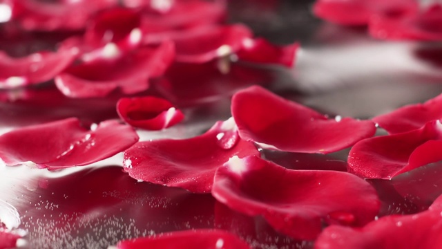 特写，玫瑰花瓣落向水面。视频下载