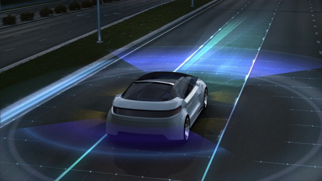 无人机未来3D概念车。在城市公路上行驶的自动驾驶汽车。动画AI传感器扫描前方道路速度限制，车辆，行人。后视图视频素材