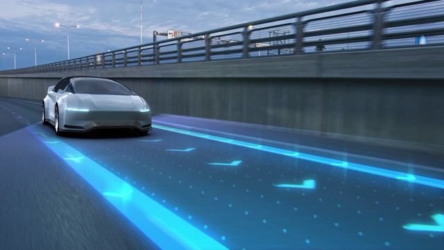 自動駕駛3D汽車通過城市高速公路。動畫可視化概念:傳感器掃描前方道路車輛，危險，速度限制。一天城市車道。前視圖后視頻素材