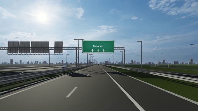班加西城市高速公路上的招牌概念性股票视频，指示城市的入口视频素材