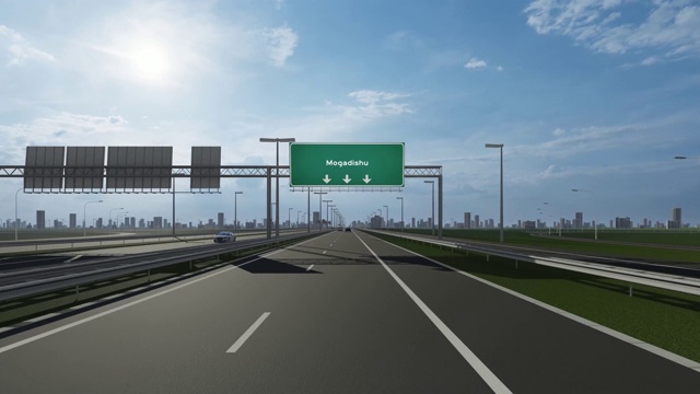 摩加迪沙市公路路牌上的概念性录像显示了进入该市的入口视频素材