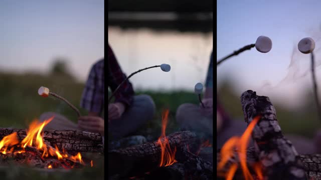 年轻的游客在露营附近的篝火上烤棉花糖。视频素材
