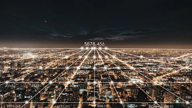 T/L ZO芝加哥城市天际线和5G网络夜间概念视频下载