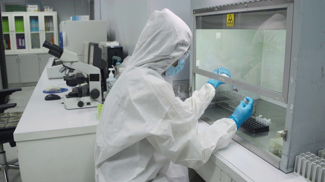 科学家在无菌室穿防护服，在实验中使用移液管视频下载