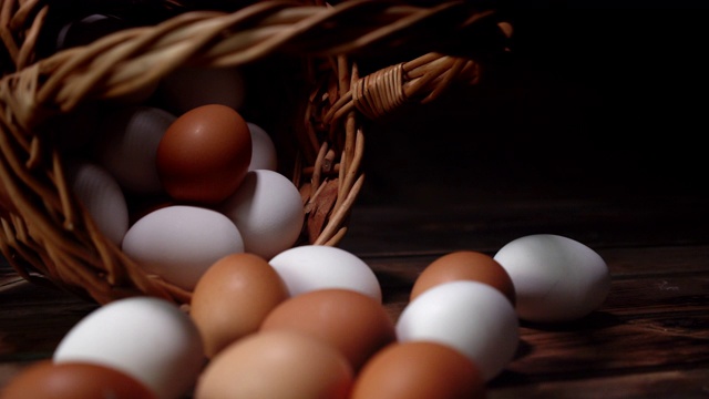 生鸡蛋在篮子里，桌子慢慢旋转。视频素材