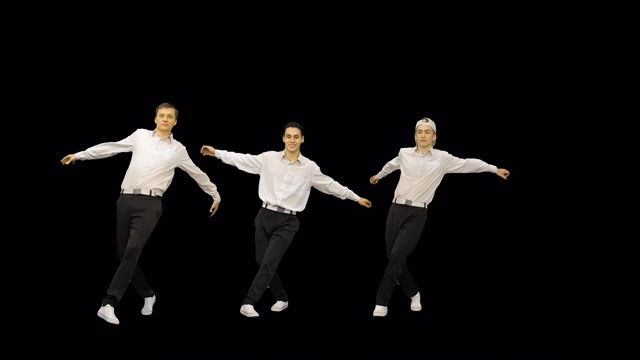 三个穿着白衬衫的人在阿尔法频道的镜头前同步跳舞视频素材