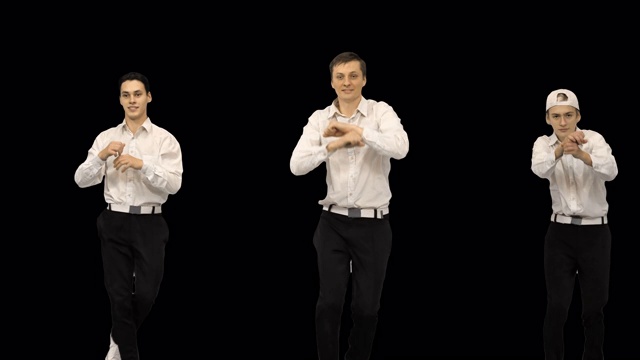 三个穿着白衬衫的家伙在镜头前跳着同步舞，阿尔法频道视频素材