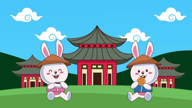 中秋动画用兔子在田野里喝茶吃饼干视频下载