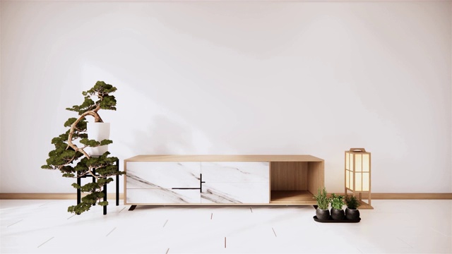 木制的电视柜在白色的墙壁上，白色的地板房间日式风格。三维渲染视频素材