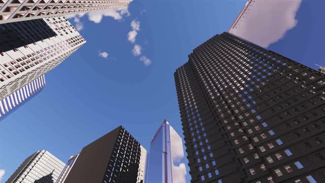 抽象明亮的城市与摩天大楼的3d渲染。白天简单的建筑形式。摄像机运动向前发展。抽象的3D白色城市的顶部。接近和距离。时光流逝的城市景观。视频下载