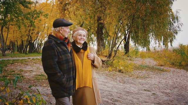 秋天的一天，退休的爷爷奶奶站在城市公园的沙滩上，谈笑风生，遥望远方视频下载