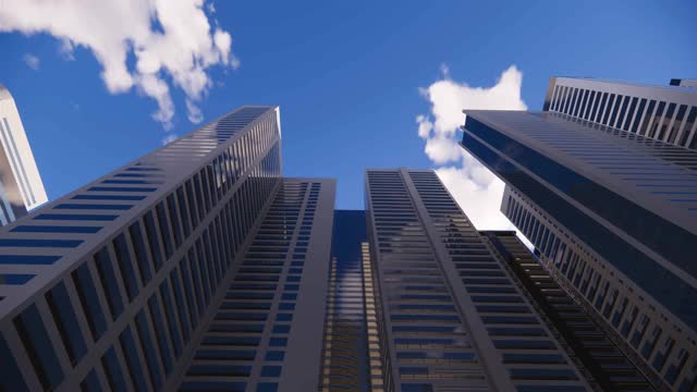 高层摩天大楼和玻璃办公大楼之间的3d动画抽象的3D城市的顶部。视频下载