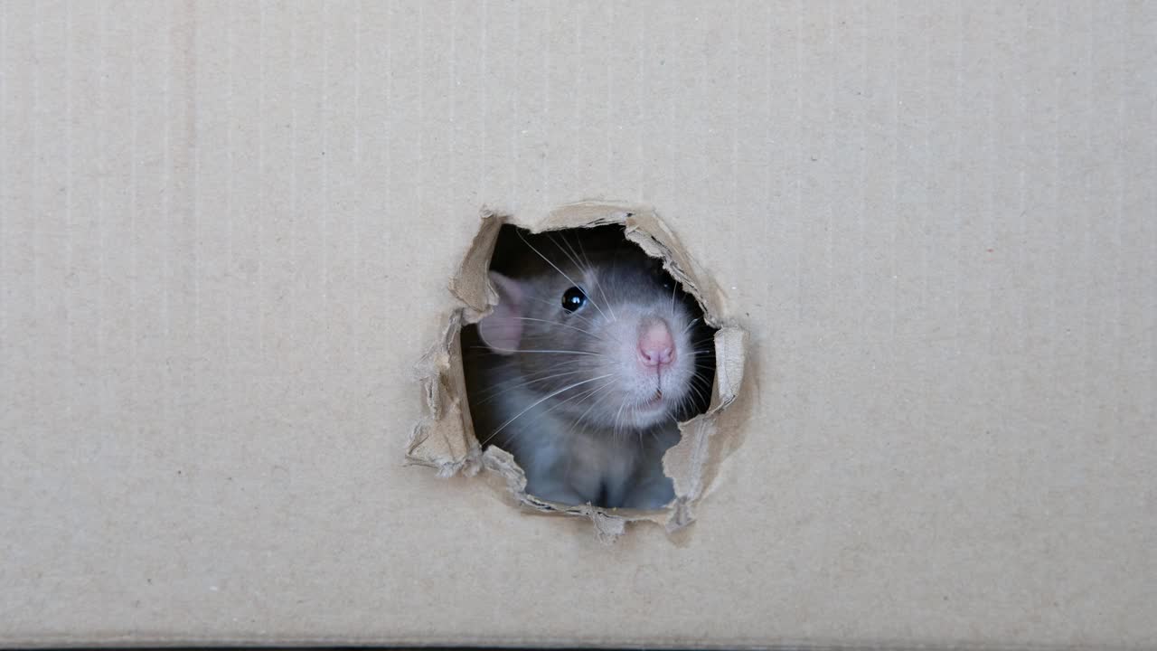 好奇的、可爱的家鼠从盒子的洞里往外看视频素材