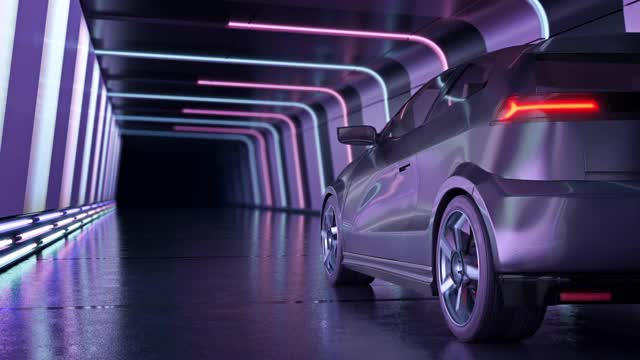 一辆银色的汽车沿着科幻霓虹隧道行驶。视频素材