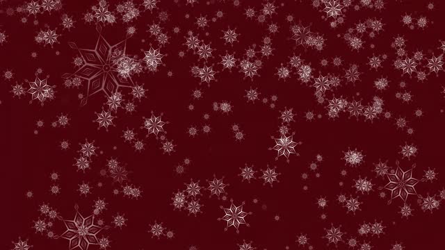 几何白色雪花插图不同大小，缓慢旋转和落在红色的背景。圣诞快乐视频素材