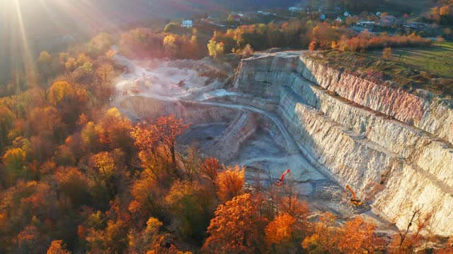 石灰石矿。石灰石矿的鸟瞰图，卡车和机器在其中工作。俄罗斯高加索山脉视频下载