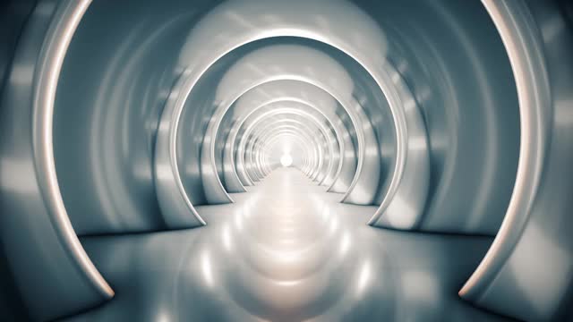 在未來主義的金屬隧道里飛行，燈光在移動。抽象科幻3D動畫。照明廊道、室內設計、宇宙飛船、科學、實驗室、技術、科學、建筑、工業的概念視頻素材