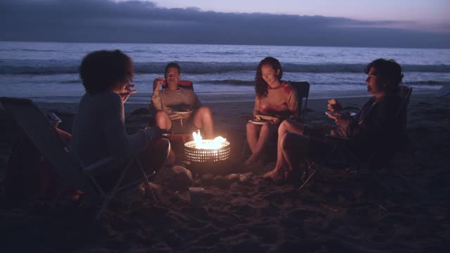 朋友们晚上在海滩上享受篝火视频素材