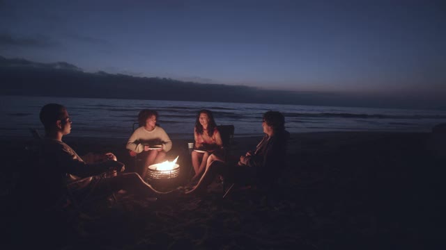 朋友们晚上在海滩上享受篝火视频素材