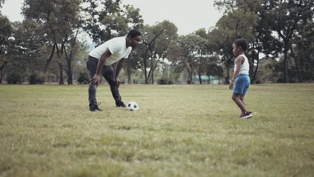 爸爸和儿子在公园里玩足球视频素材