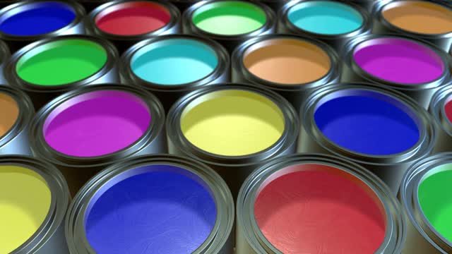 罐漆，锡金属罐组用彩色涂料染料，可循环使用。3d动画素材视频视频下载