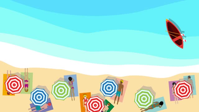 夏天的动画背景。拥挤的海滩和大海带着伞和人们在海边晒日光浴，鸟瞰一个海滩在平坦的设计。循环录像视频下载
