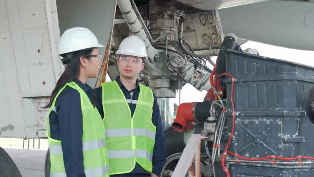 亚洲男女工程师维修飞机队维修，修理，现代化和翻新前飞机从机场。视频下载
