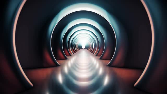 穿越未来的隧道。抽象的3 d动画。照明廊道、室内设计、宇宙飞船、科学、实验室、技术、科学、建筑、工业的概念视频素材